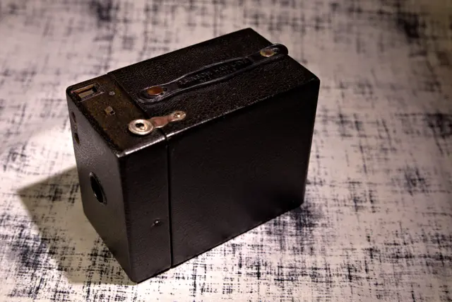 Leather strap installed on vintage Brownie camera